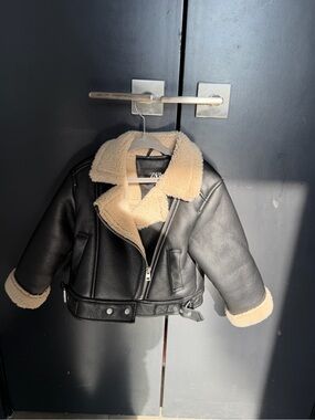 Zara Black Faux Leather Aviator Jacket with Cream Sherpa Trim